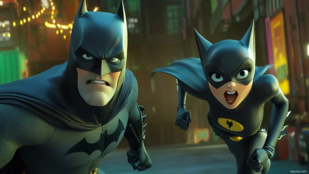 Friendly Batman Catwoman battle, exaggerated faces, cartoon action bursts.