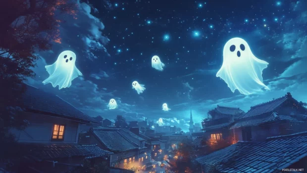 Friendly ghosts floating above rooftops under starry sky.