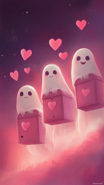Friendly ghosts wave from pink mailboxes with hearts flying around.