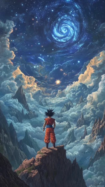 From a high cliff, Goku looks down over the valley filled with stars and swirling clouds.