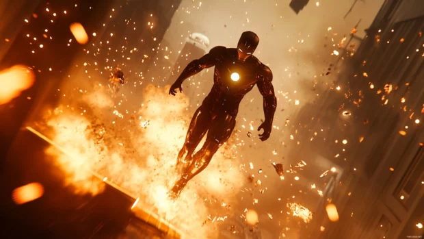 From a low angle, Iron Man Glowing Core as he dashes through glowing debris on the rooftop of Stark Tower.