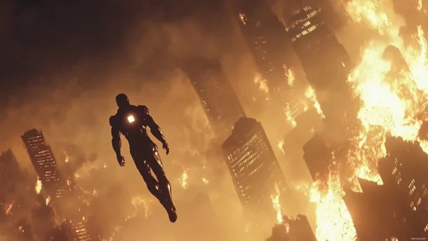 From a low angle, Iron Man Mark III as he hovers above the city overlooking a burning skyline.