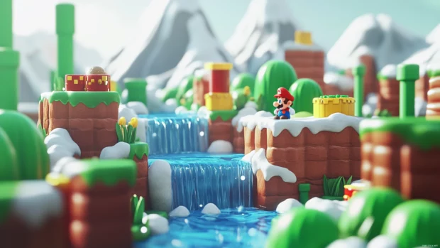 From mountain peaks to underground pipes, Mario explores every corner of Super Mario World.