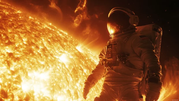 From orbit, the astronaut watches solar flares dance on the suns surface.