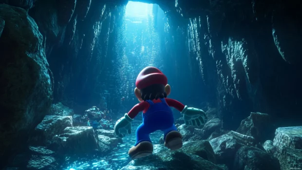 From the dark depths of a cavern, Mario climbs upward in Super Mario World toward the surface light.