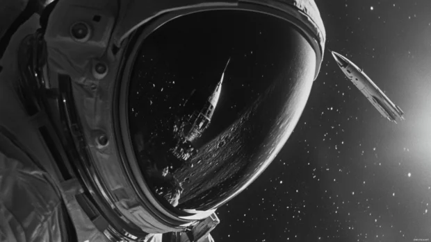 From the helmet reflection, the astronaut sees a spaceship passing by.