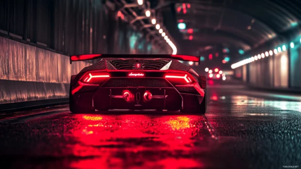 Front facing Lamborghini Huracan wallpaper with red LED lights glowing in a dark city tunnel.