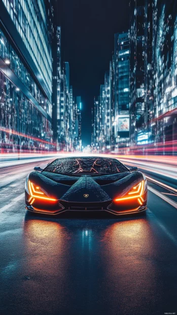 Front on view of a glowing Lamborghini surrounded by city light trails at night.