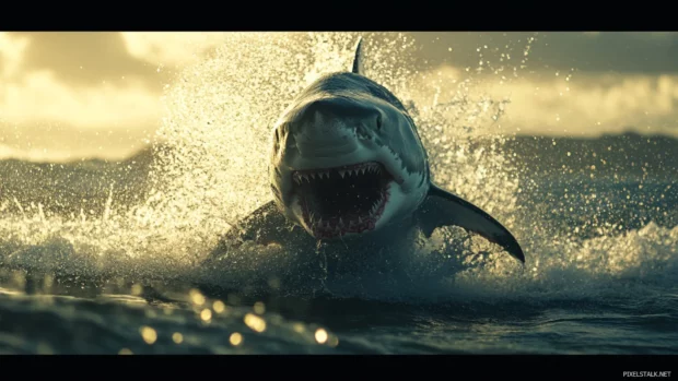 Front view of shark breaching with full splash detail.
