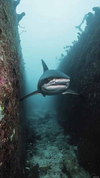 Frontal view of shark coming out of misted reef wall.