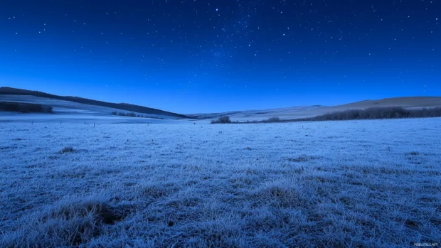 Frosted meadows sleeping under blue stars.