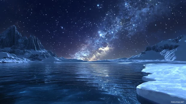 Frosted shores glistening under cosmic skies.