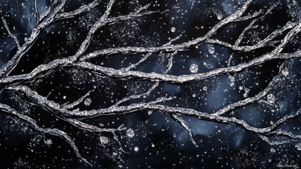 Frozen branches coated in glittering ice.