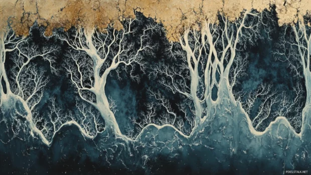 Frozen forests breathing beneath cosmic rivers.