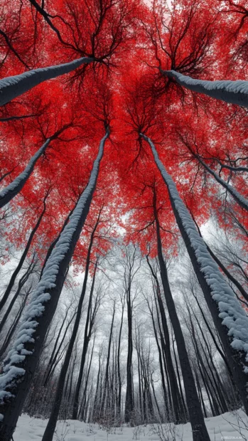 Frozen forests breathing under soft red galaxies.