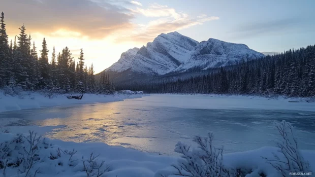 Frozen lake catching last Pretty Sunset light.
