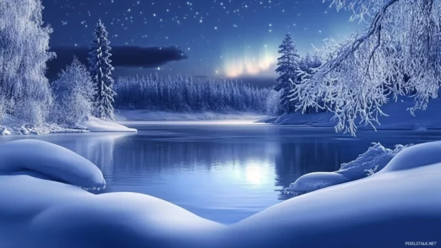 Frozen lake reflecting the northern lights, ideal for snow scenery PC wallpaper lovers.