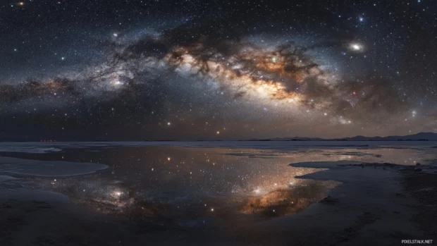 Frozen lakes mirroring galaxies above, revealing the splendor of high resolution starry sky image.