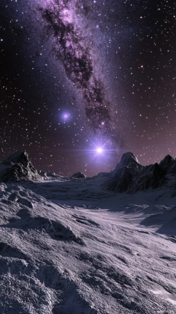 Frozen lakes shimmering beneath distant purple galaxies, breathing life into elegant soft purple constellations.