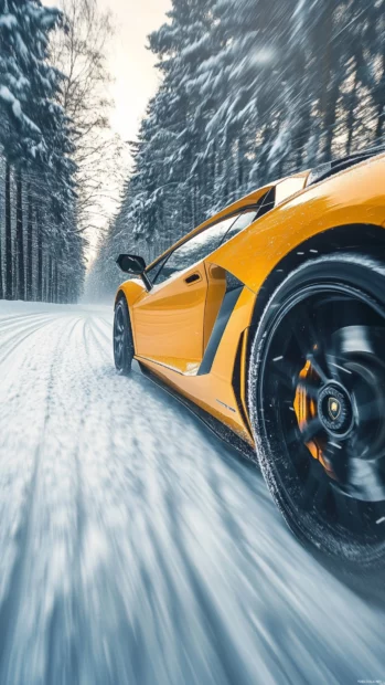 Frozen moment of Lamborghini mid turn on snow covered asphalt.
