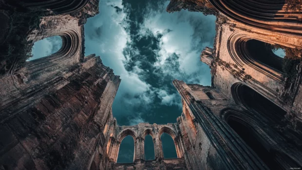 Frozen time vortex above a ruined cathedral.