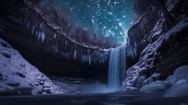 Frozen waterfalls breaking into splintered stars.