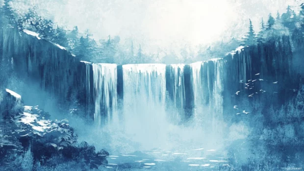 Frozen waterfalls merging with muted Aesthetic Watercolor backdrops, Clean and Elegant style.