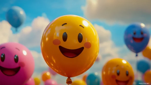 Fun Moving Cartoons wallpaper showing balloons with happy faces floating upwards.