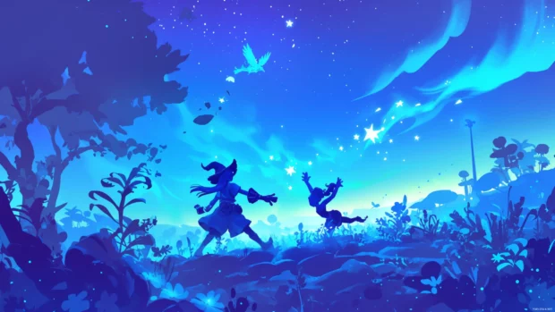 Fun cartoon wallpaper for PC with dancing characters beneath a digital aurora sky.