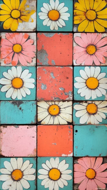 Funky retro floral wallpaper in for iPhone featuring colorful daisy tiles.
