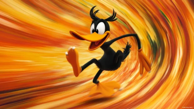 Funny Daffy Duck wallpaper where he runs in circles chasing his own tail in cartoon motion blur.