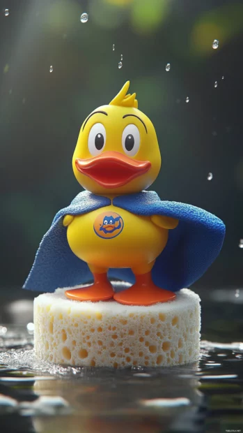 Funny Rubber Duck wallpaper with the duck wearing a superhero cape and standing on a sponge.