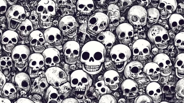 Funny and cute skull wallpaper in with doodle style pattern.