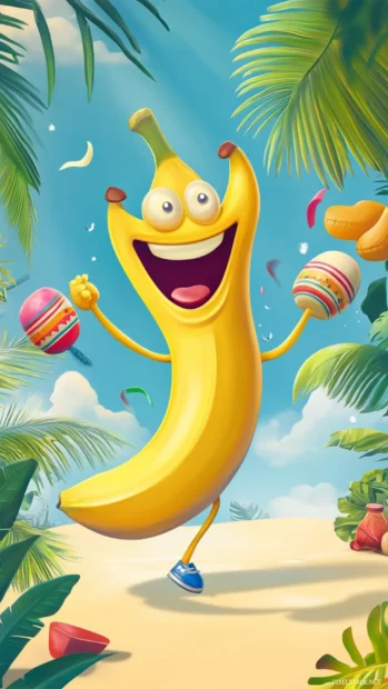 Funny banana dancing with cartoon maracas on a tropical background.