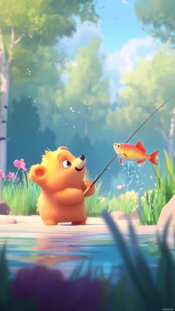 Funny bear trying to catch a fish with a fishing rod, but getting splashed by a clever fish jumping out of the water.