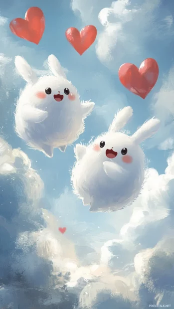Funny cartoon ghosts in bunny costumes bounce through hearts and clouds in this Cute Ghost Wallpapers set.