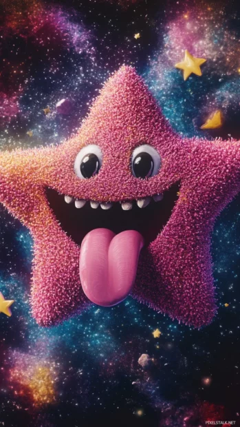 Funny star character sticking out its tongue on a bright canvas.
