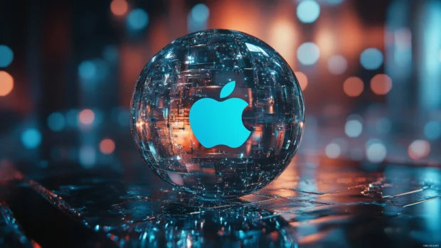 Futuristic Apple logo floating inside a transparent orb.
