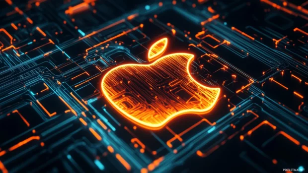 Futuristic Apple logo surrounded by glowing neon lines on black background.