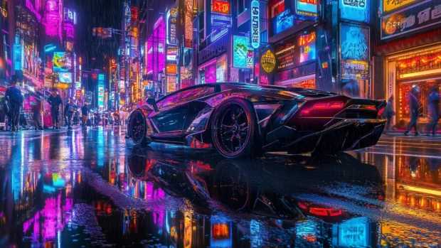 Futuristic Black Lamborghini wallpaper with reflections of neon lights in a cyberpunk city.
