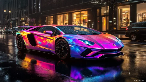 Futuristic Lamborghini Aventador wallpaper showcasing neon reflections on a wet urban street.