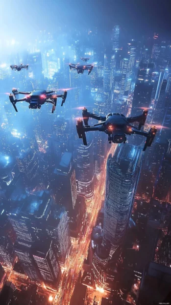 Futuristic Moving iPhone Wallpapers of sleek drones zipping across a cyberpunk city.