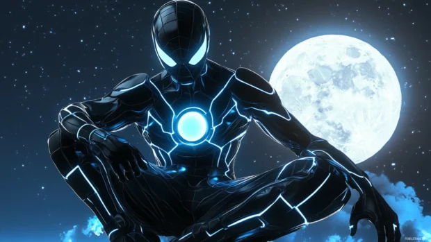 Futuristic Spider Man suit design glowing under moonlight, top pick for Spider Man gaming wallpaper.