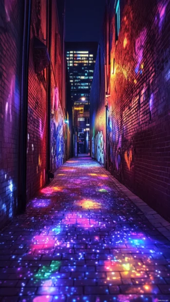 Futuristic alley with holographic graffiti, suitable for high res smartphone wallpaper.