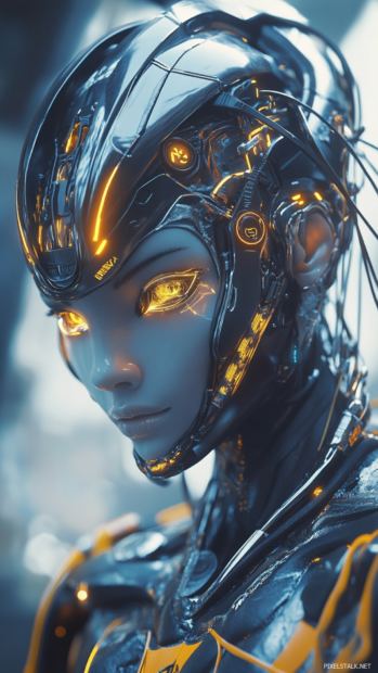Futuristic android girl with glowing tattoos, ideal for cyberpunk phone wallpapers 4K.
