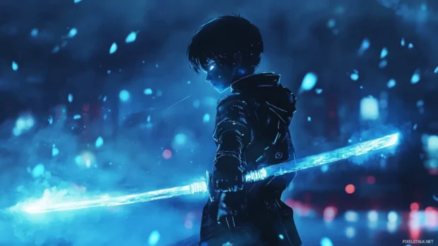 Futuristic anime boy with glowing sword in the night.