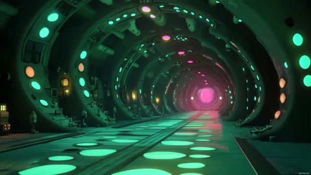 Futuristic arcade tunnel glowing with green and pink echoes.