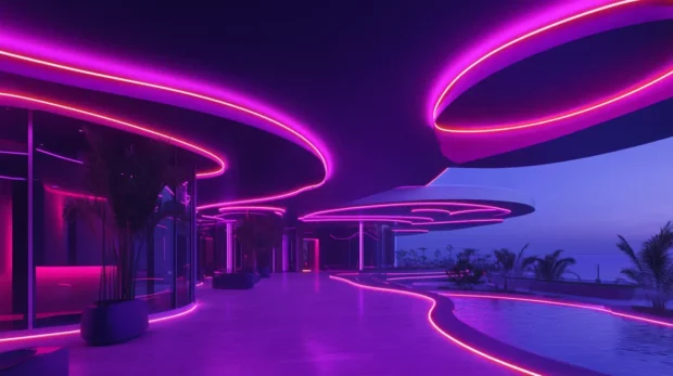 Futuristic architecture glowing in black neon pattern inspired by Modern black neon aesthetic.