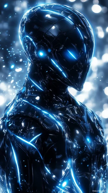 Futuristic armored anime boy with glowing blue lines, standing on sci fi battlefield.