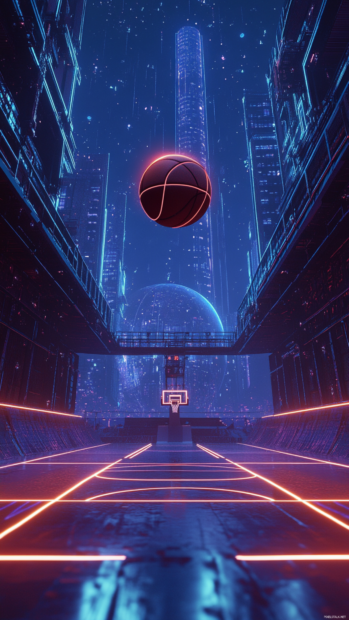 Futuristic basketball arena with glowing lines and a suspended ball.